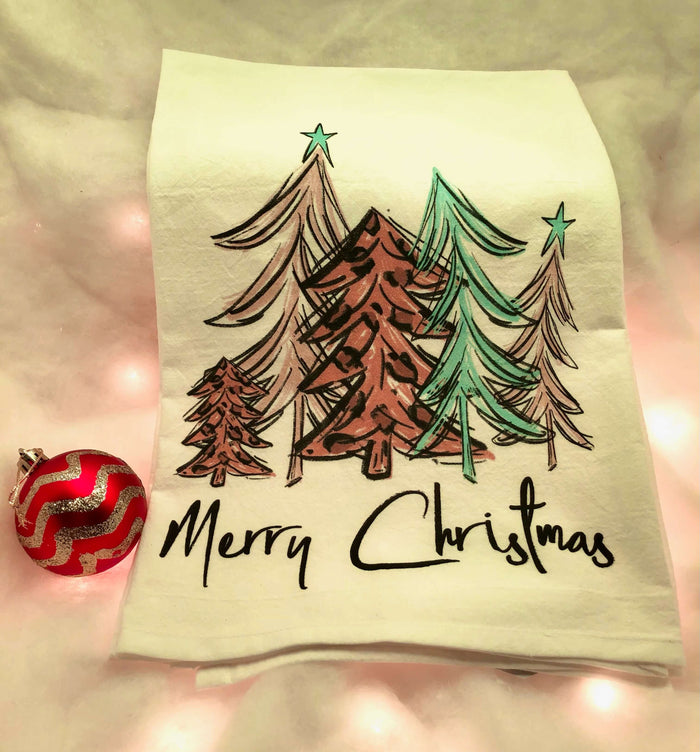 Merry Christmas Trees Flour Sack Tea Towel